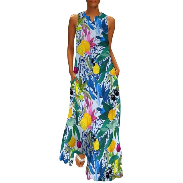Robe Imprimé Fruit Rétro Agrumes et Citrons Robe Maxi Sexy Style de Rue Robes Longues Décontractées Design Sans Manches pour Femmes