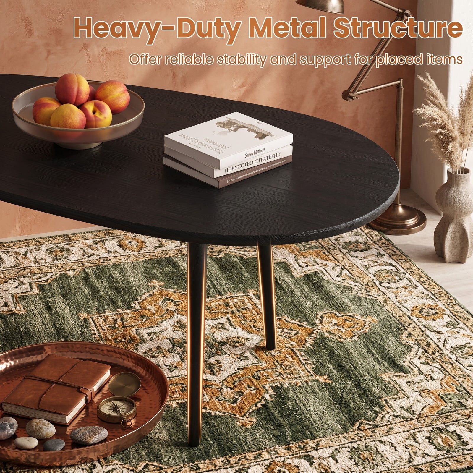 Furnibear Oval Coffee Table Mid Century Center Table with Sturdy Metal Frame, Open Storage Shelf & Adjustable Foot Pads for Living Room, Hallway & Lounge, Black
