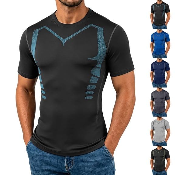 Men's Plus Size Compression Shirts Short Sleeve Workout T Shirt Cool Dry Athletic Undershirts Gym Yoga Base Layers Running Tops Size 3XL Light Blue