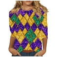 thumbnail image 2 of Ounisa Womens Funny Mardi Gras 3/4 Sleeve Sequins Mask Printed Shirts Tunics 2025 Trendy Holiday T-Shirts Carnival Pullover, 2 of 5