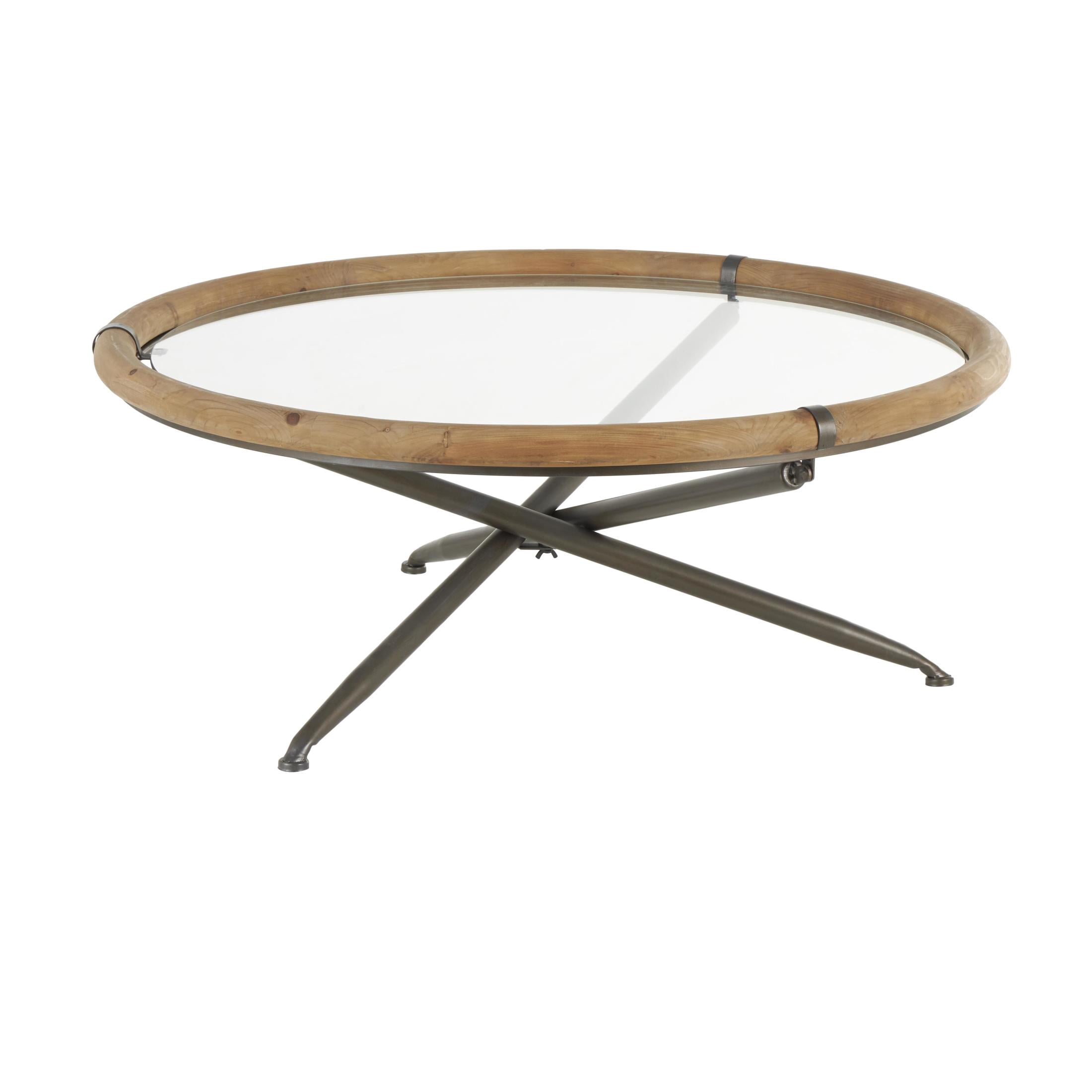 DecMode 39" x 16" Brass Metal Round Coffee Table with Brown Wooden Framed Glass Tabletop, 1-Piece