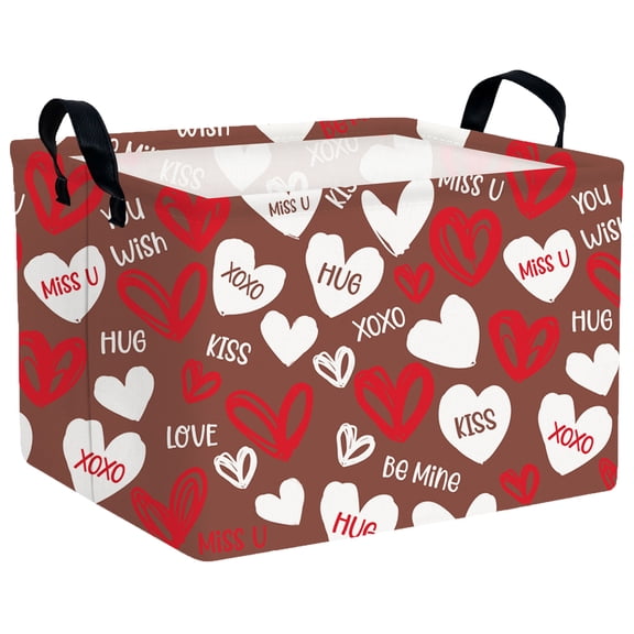 MYFLOCY Large Valentine Basket Empty Heart Basket for Gifts Collapsible Kids Storage Bins Decor(Brown Base White Red Love)