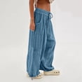 thumbnail image 4 of Womens Casual Loose Fit Wide Leg Cotton Pants Drawstring Stitching Baggy Pants Trousers with Pockets Blue XXL, 4 of 10