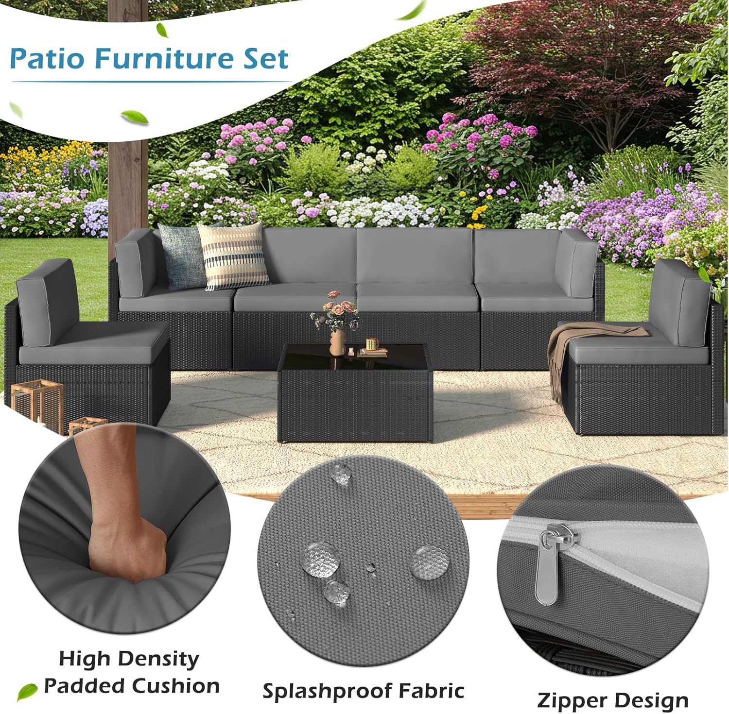 YODOLLA 7-Piece Patio Furniture Set with 30" Fire Pit Table, Rattan Wicker Outdoor Sectional Sofa Couch with Table Patio Conversation Set for Lawn& Backyard In Gray