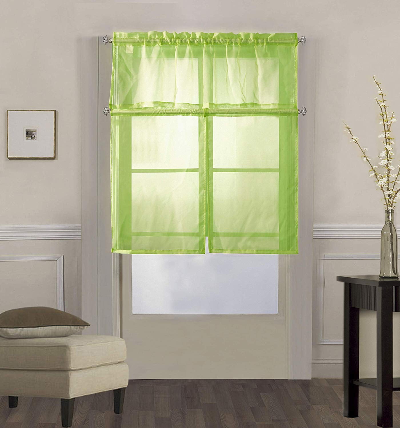 Decotex 3 Piece Solid Sheer Voile Kitchen Window Curtain Tier & Valance