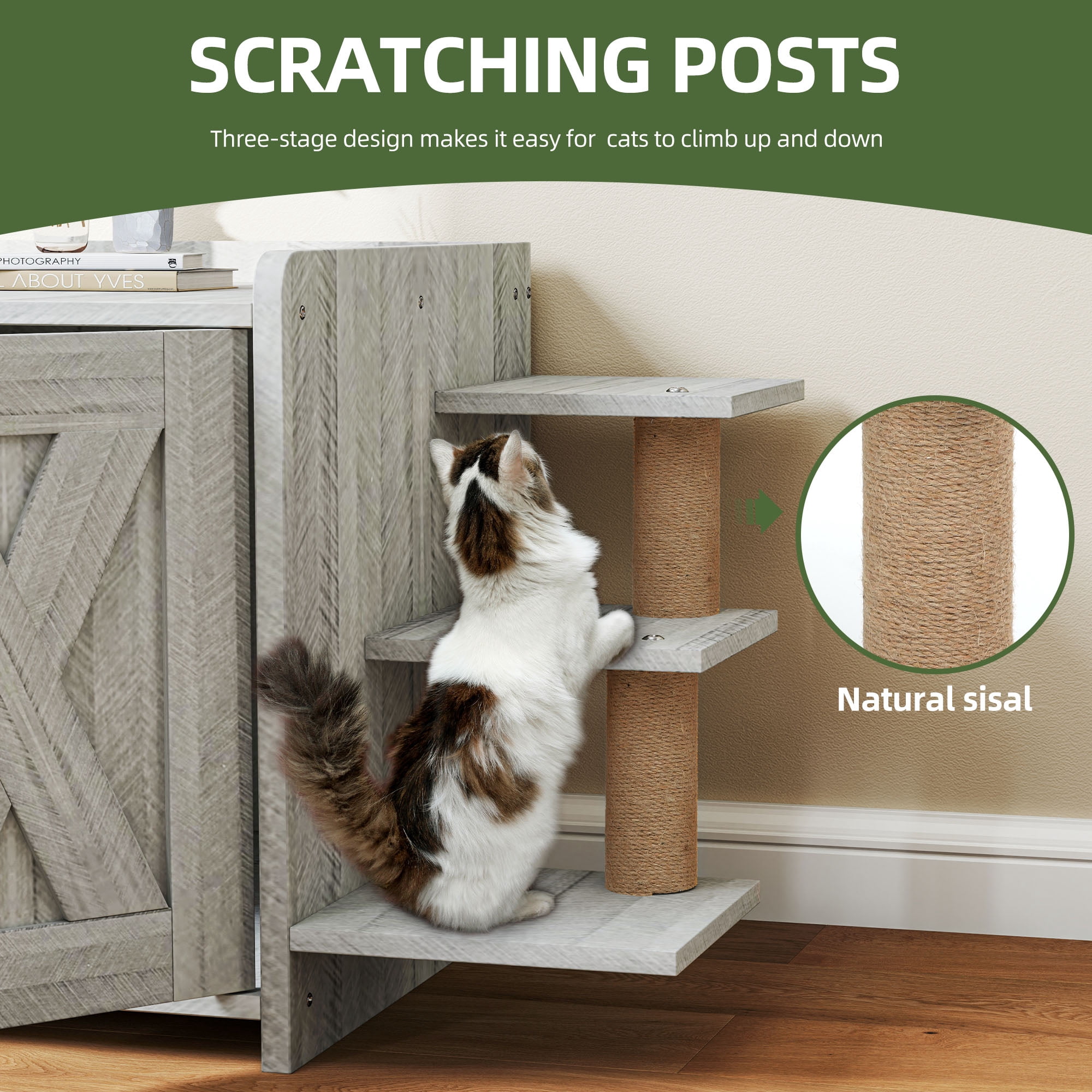 Uforic 27" Cat Litter Box Enclosure, Wooden Cat House Furniture with Scratching Posts & Plush Cushion, Gray