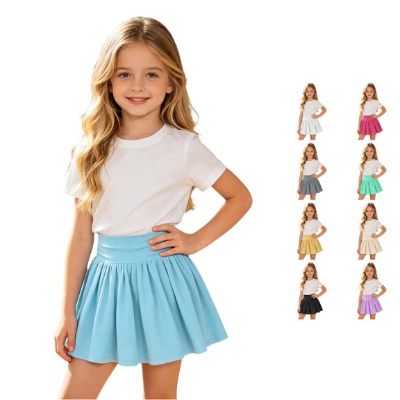 lnmuld Solid Ribbed Elastic Waist Gathered Swing Mini Skort Preppy Back to School Mix Match Outfit for Girls Blue,13-14 Years