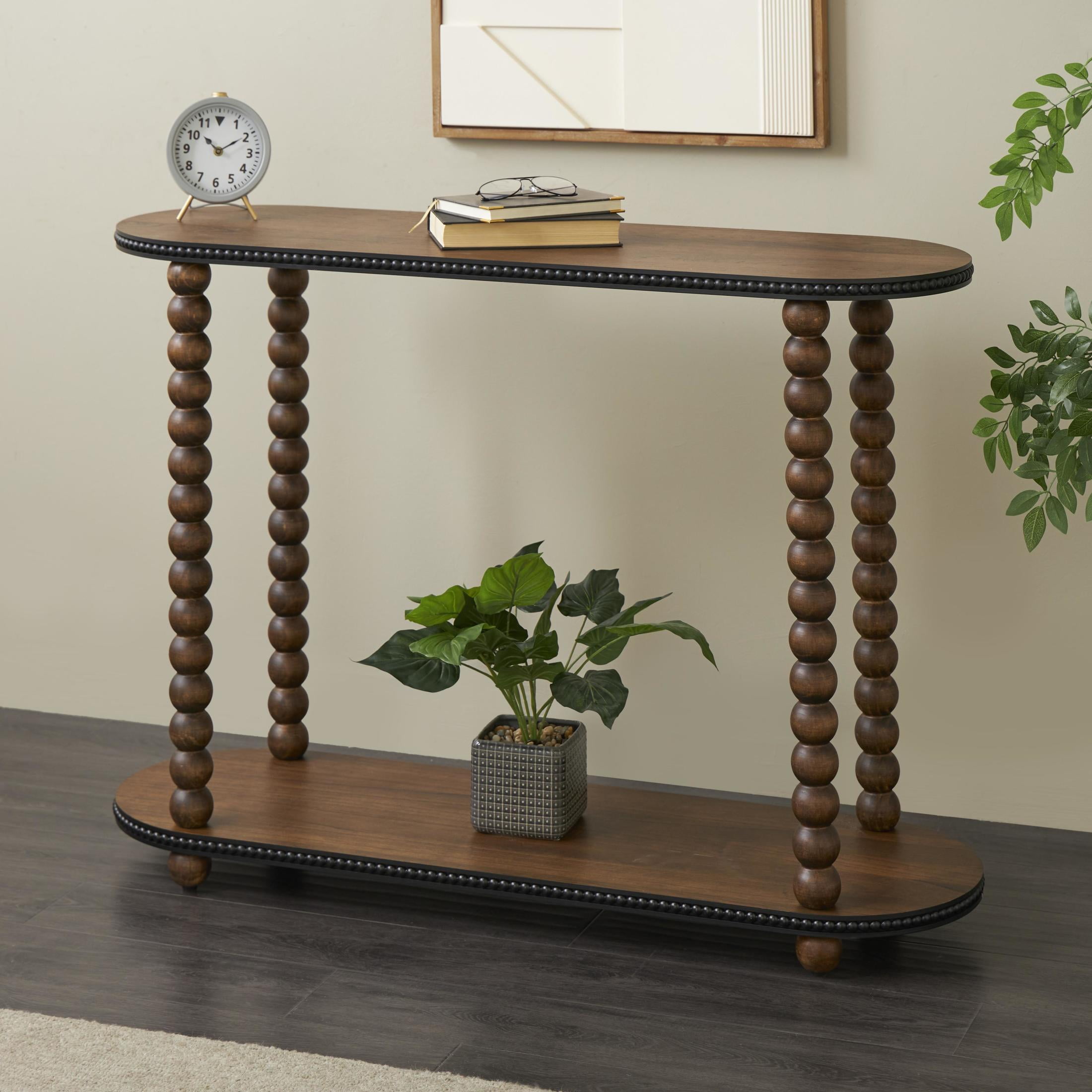 DecMode 47" x 34" Brown Wood Oval Spindle Console Table with Beaded Edges, 1-Piece