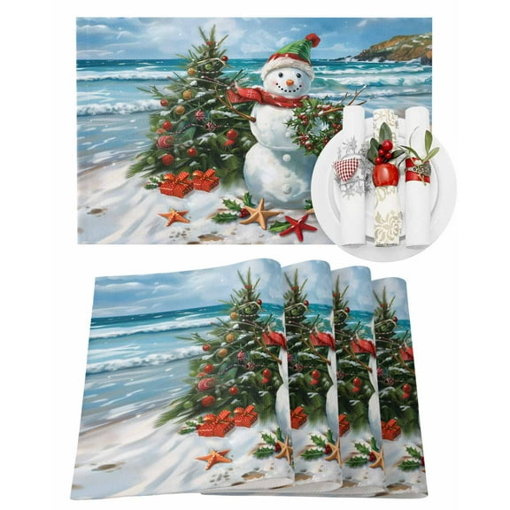 Christmas Placemats Set of 6, Christmas Beach Snowman Place Mats Shell Starfish Christmas Tree Placemat Table Decoration for Kitchen Table Dinner Xmas Holiday Party Decor Indoor Outdoor 13x19 Inch