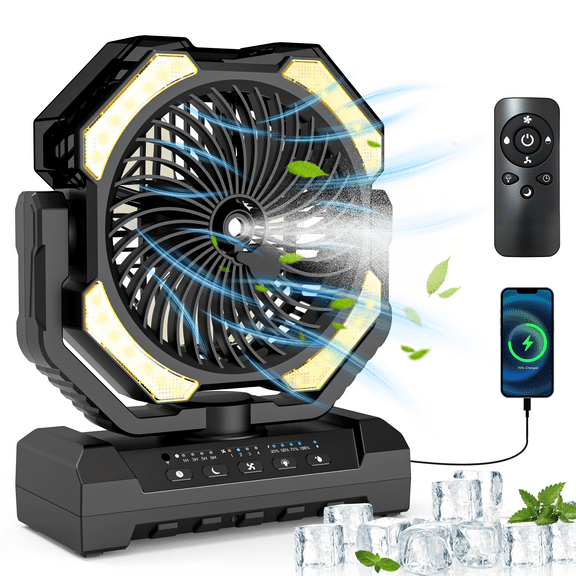 16000mAh Rechargeable Camping Misting Fan, 250ml Water Tank Portable Battery Powered Fan, Standing/Hanging With Hook, 4 Speed, Remote Control, Timer, 4 LED Brightness, Black
