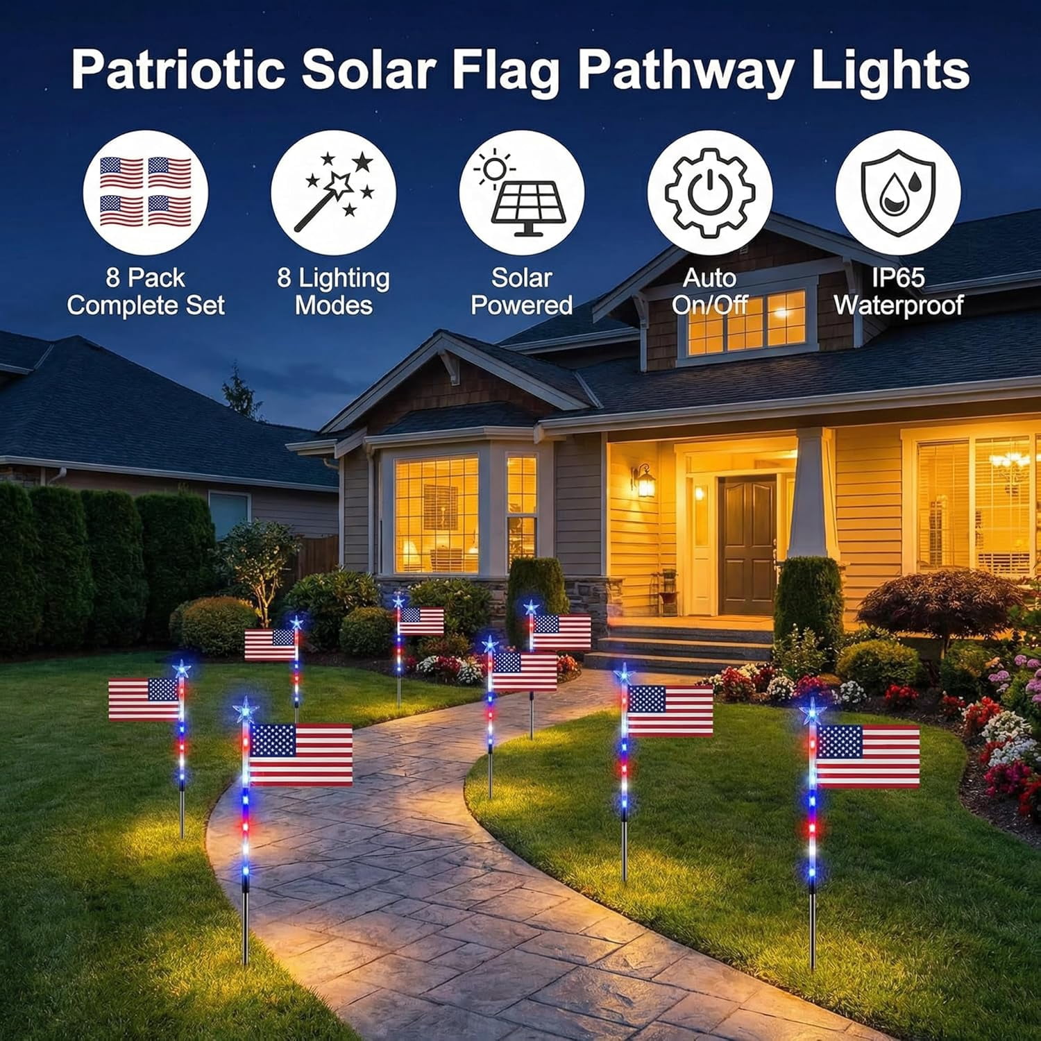 8 Piece Solar American Flag Pathway Lights, American Flag Pathway Solar Lights, IP66 Outdoor