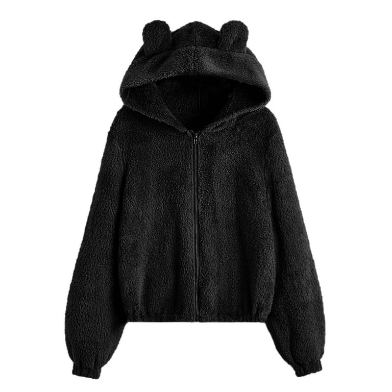 JWZUY Cute Teddy Bear Hoodie Coat for Womens Teen Girls Long Sleeve Fleece Sweatshirt  Bear Ear Hoodie Full Zipper Sweater Pullover Black L 