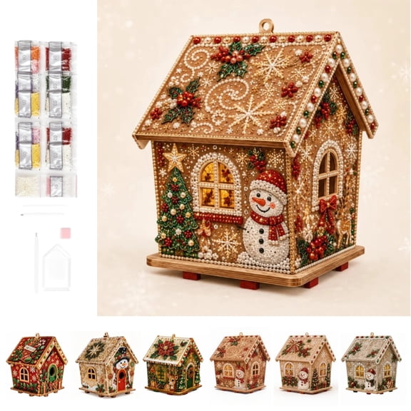 Christmas 3D Wooden House Diamond Painting Kit, DIY Holiday Village Craft Art Set with Beaded Decoration for Christmas Tree Hanging Ornament, Tabletop Display and Seasonal Home Decor (Santa)