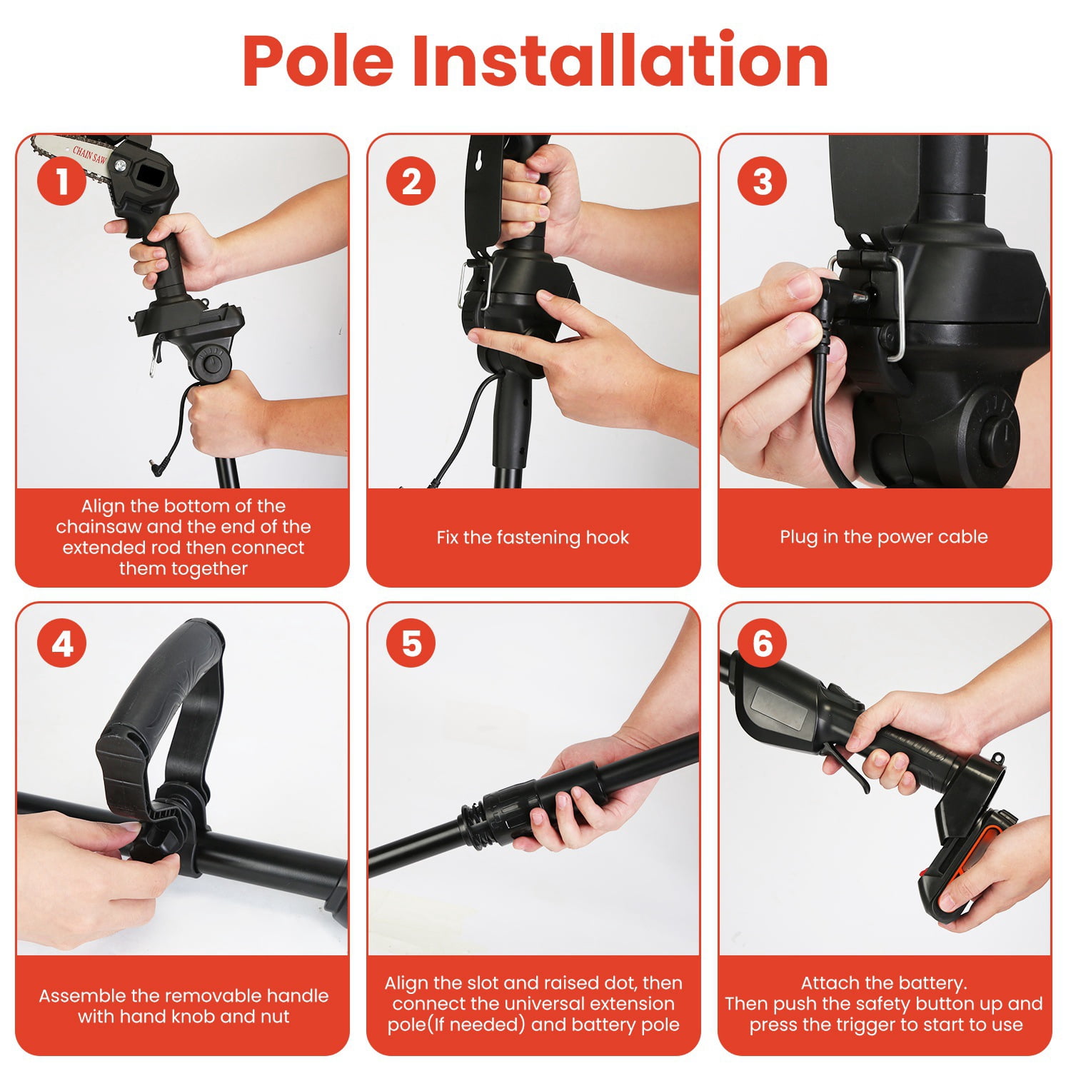 Moclever 3 in 1 Cordless Electric Pole Saw & Mini Chainsaw & Grass Trimmer Kit Adjustable Length with 2Pcs 21V 1500mAh Batteries 4in/6in Chains Saw Blade 5Pcs Plastic Blades, Black