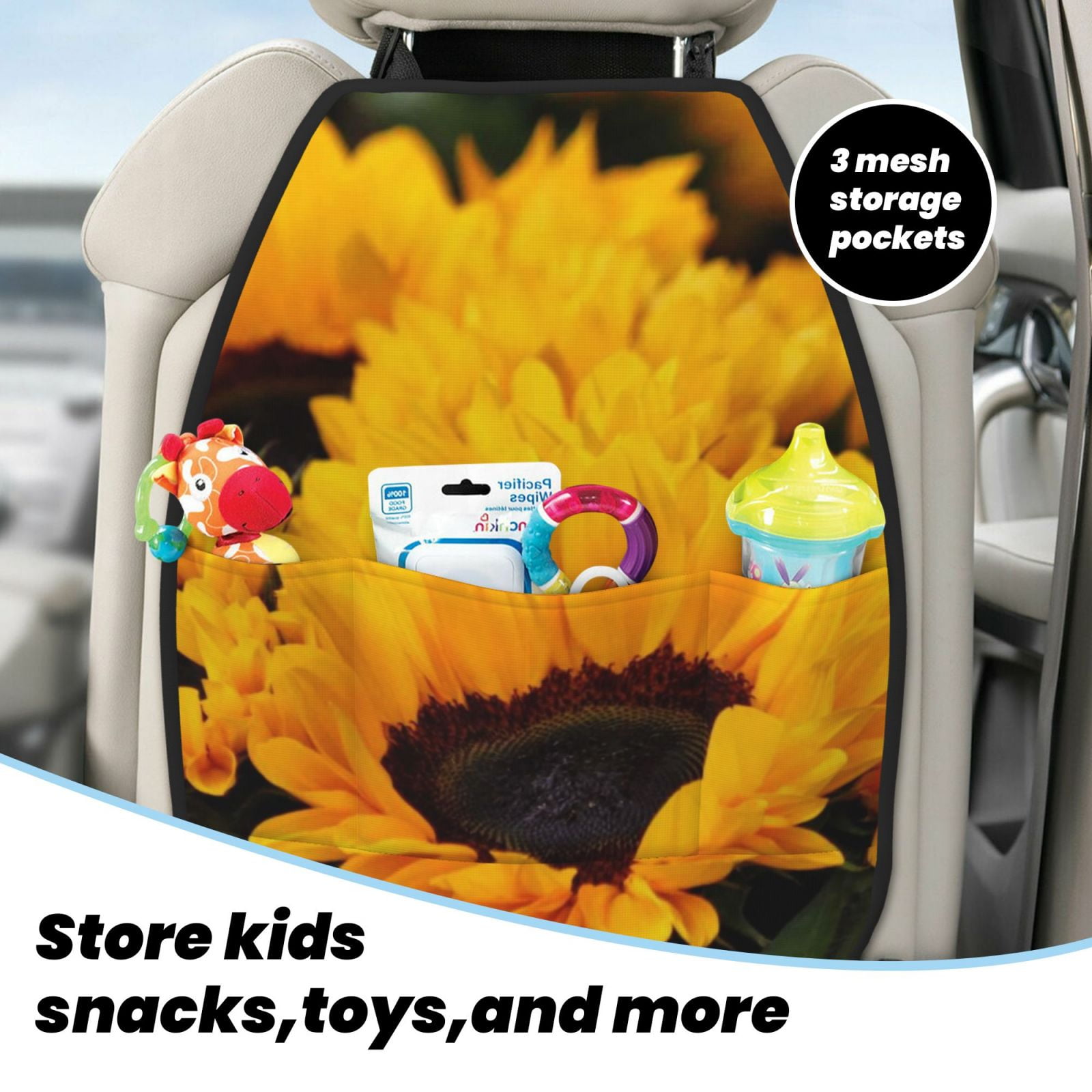 Xecao Flower Bush Sunflower Pattern Car Seat Back Protector 2 Pack Large Capacity Pocket, Kick Mats Back Seat Protector