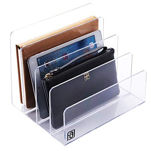 Lucite 4 Sections 9-Inch Wide x 7-Inch Deep x 7-Inch High. Letter Purse Holder Acrylic File Organizer Desk Electronics Office Clear Folder Sorter Notebook Book Palette