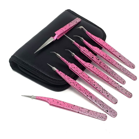 Pink Stardust Eyelash Extension Tweezers 8 Pcs Set Straight and Curved Precision Tips False Eyelash Tweezers Lash Applicator Stainless Steel Tools with Case