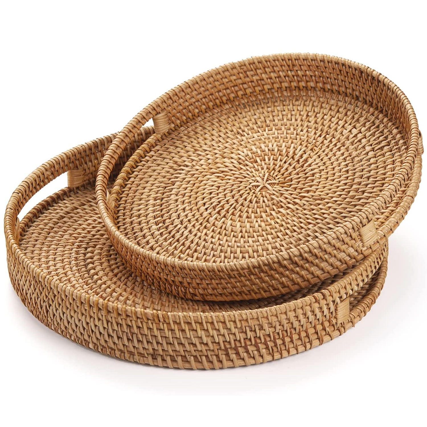 Fokelyi Rattan Serving Tray, Set of 2 Round Natural Colored Water
