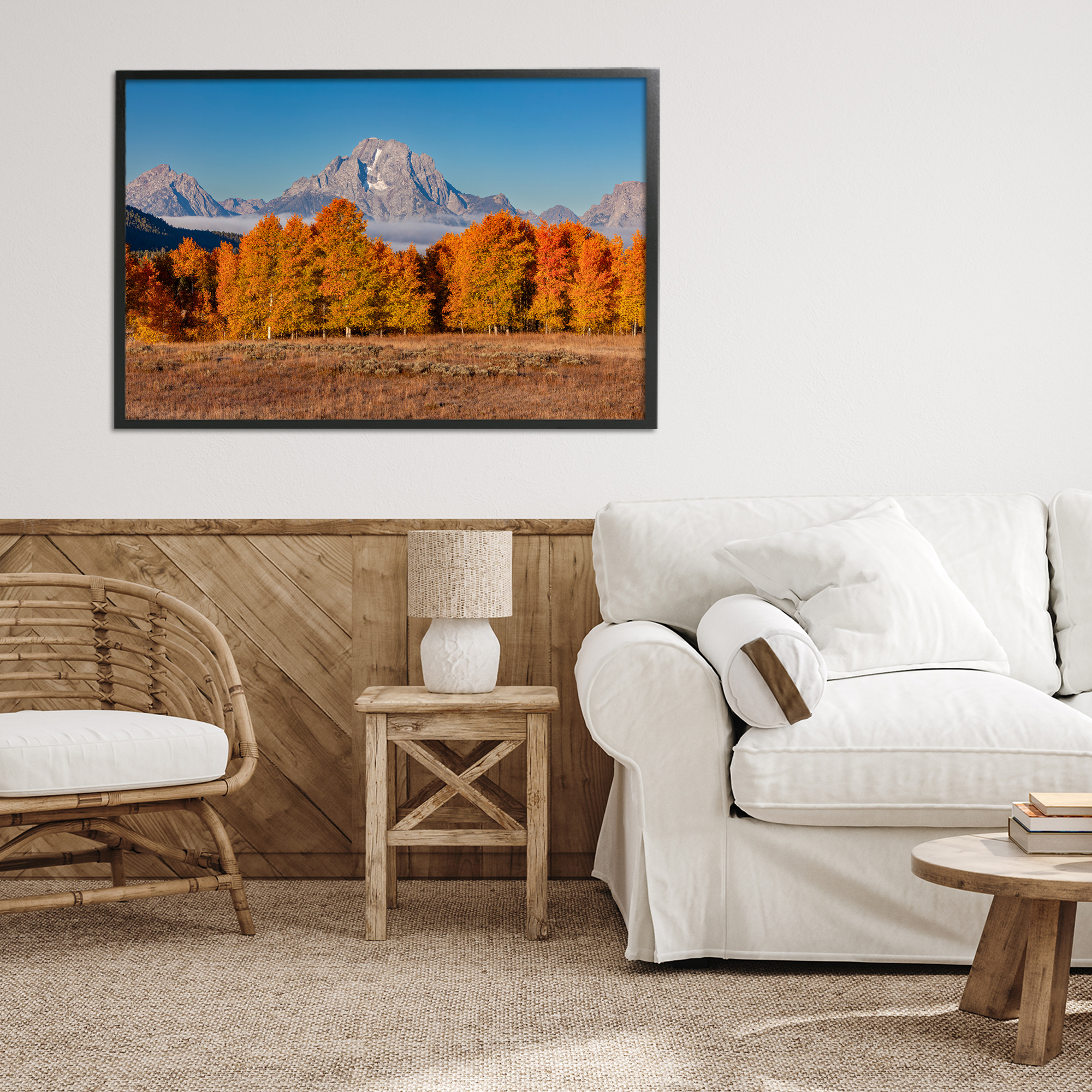 Autumn Tree Line With Mountain Black Framed Giclee Art, design by Shelley Carlisle