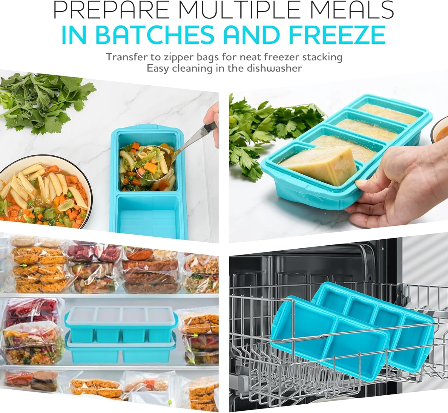 Silicone Freezer Tray With Lid-Soup Freezer Container molds-Large Ice Cube Tray Set Makes 1-Cup & 2-Cup portions cubes (2PCS, A+B)