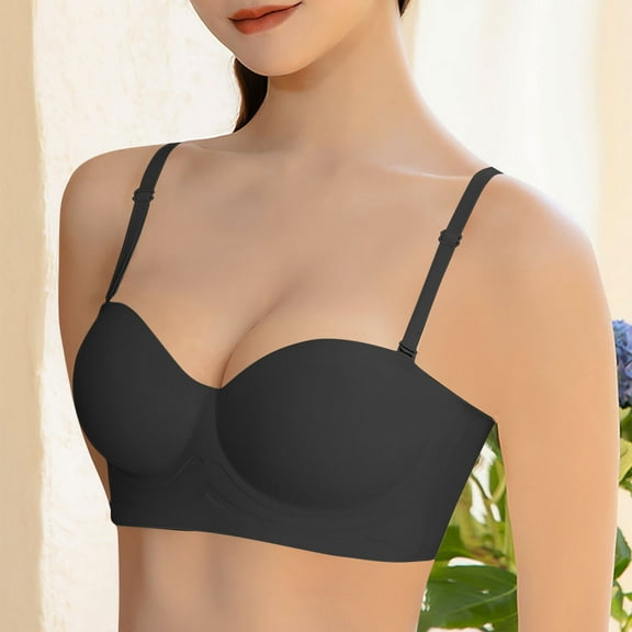 Amidoa Womens Bras Seamless Demi-Cup Black Push-up Solid Bras Brasieres for Womens L