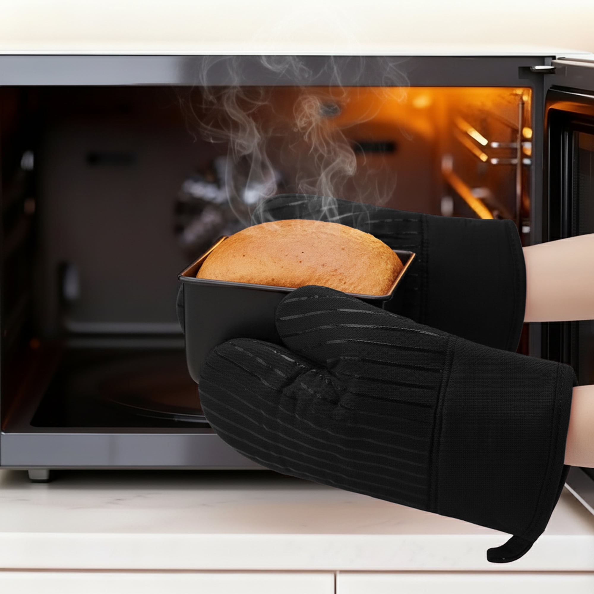 Unique Bargains 2pcs Silicone and Cotton Heat-Resistant  Oven Mitts Black 12.6" x 7.1"