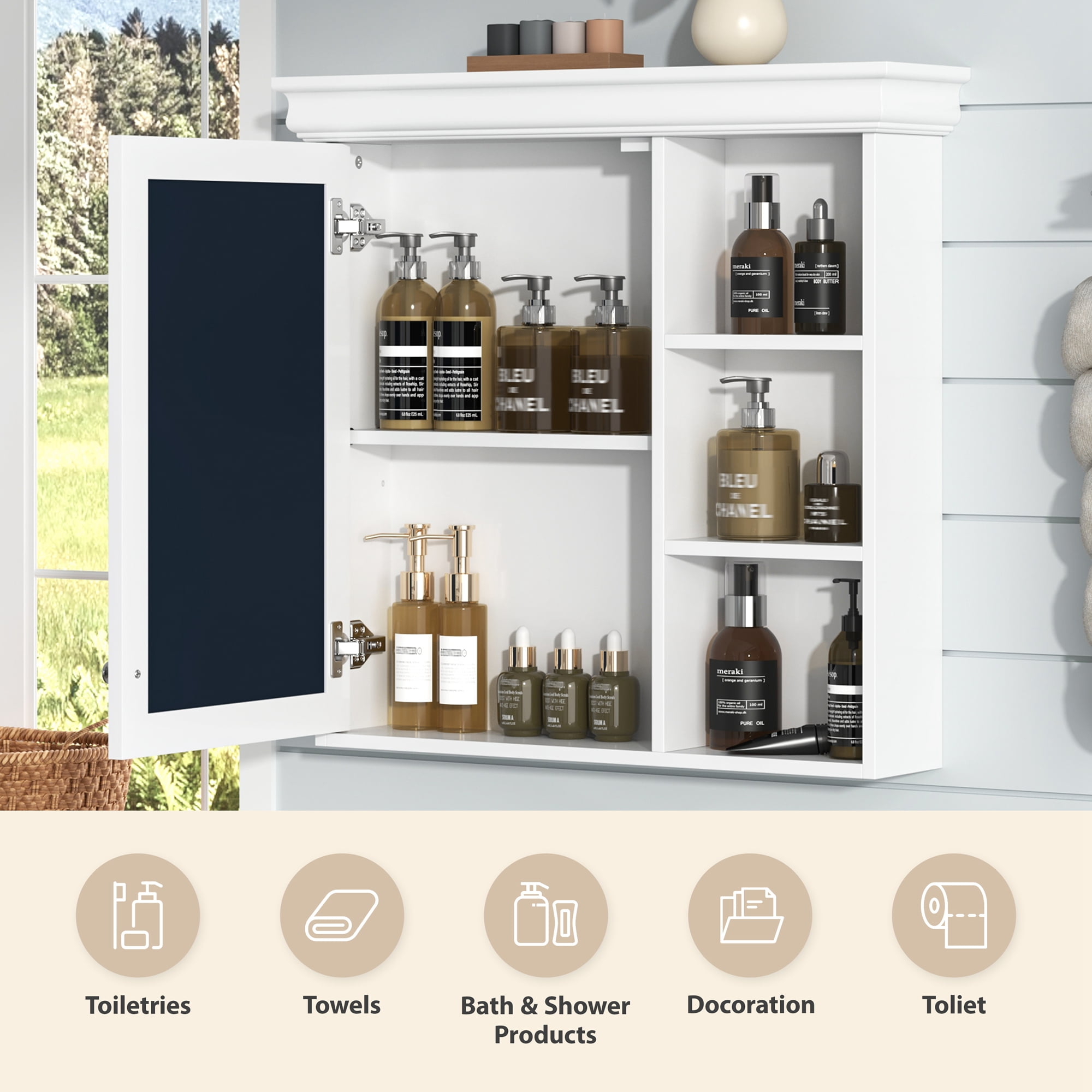 Euroco Wall-Mounted Bathroom Mirror Cabinet with Adjustable Shelf, Soft-Close Hinges, and Storage for Over Toilet or Sink