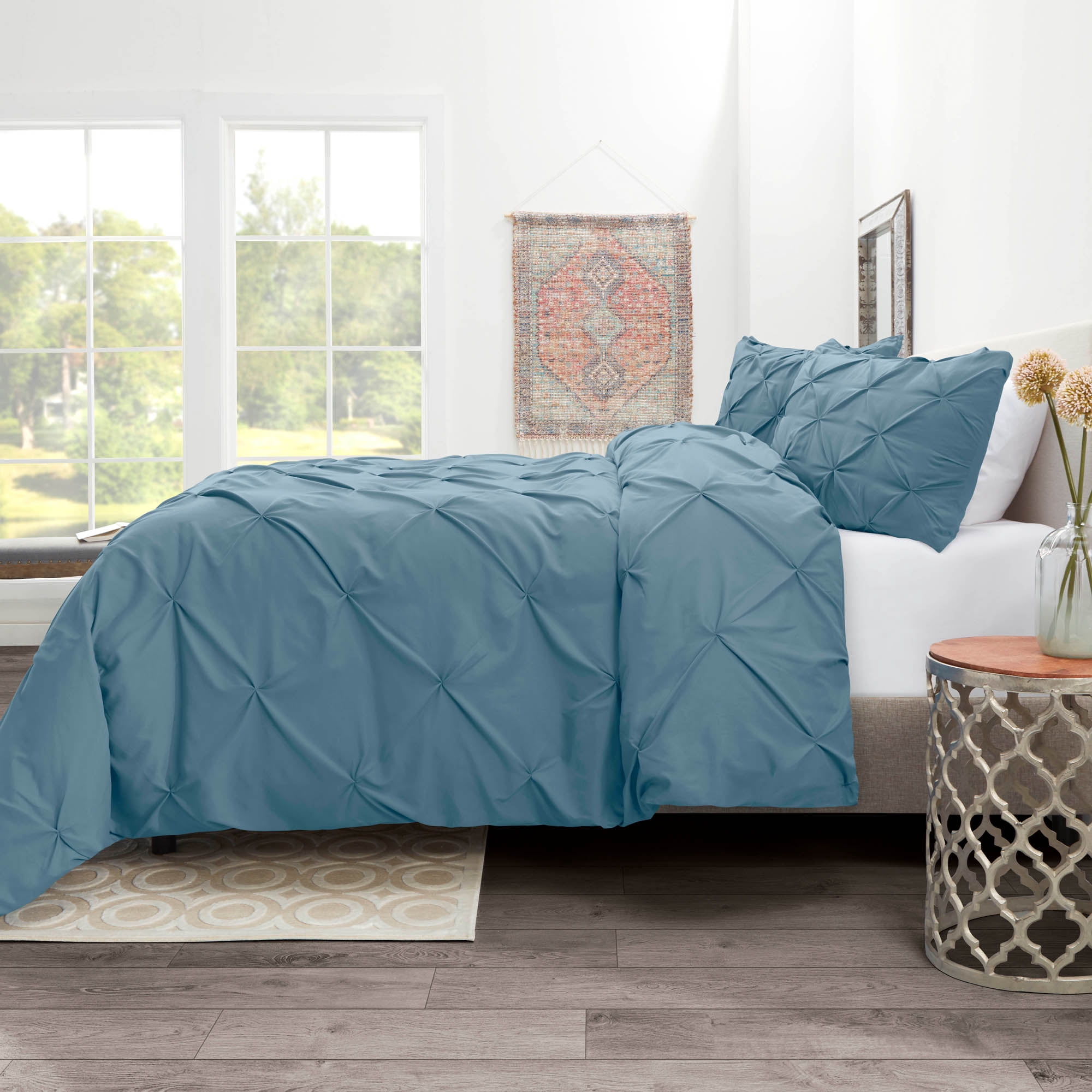 Nestl 3 Piece Pinch Pleated Pintuck Duvet Cover Set with Shams, Soft Microfiber,Button Closure Bedding Set, Full - Blue Heaven
