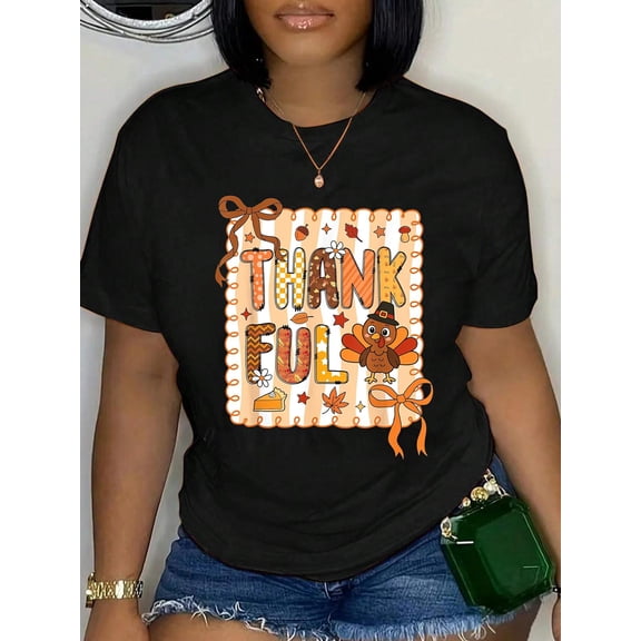 Thankful Grateful Blessed Thanksgiving Turkey Women Girls Crew Neck Cotton Women's Graphic Tee Casual Daily Wear T-Shirt