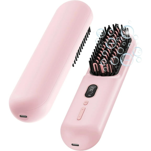 Cordless Hair Straightener Brush, Mini Portable Straightening Comb for Travel, USB-C Rechargeable, 12-Temp Settings, 30s Fast Heating, Negative Ions Smoother, 2 Hair Clips, Gift for Women, Pink