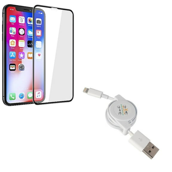 USB Cable w Screen Protector for iPhone XR - Retractable Charger Power Cord, Tempered Glass 5D Touch Curved Edge Full Cover