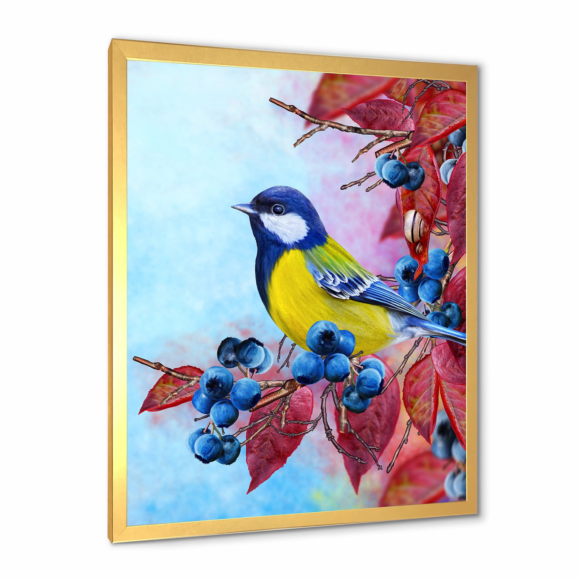 Designart 'Bright Bird Bullfinch Sitting On A Branch of Berries II' Traditional Framed Art Print