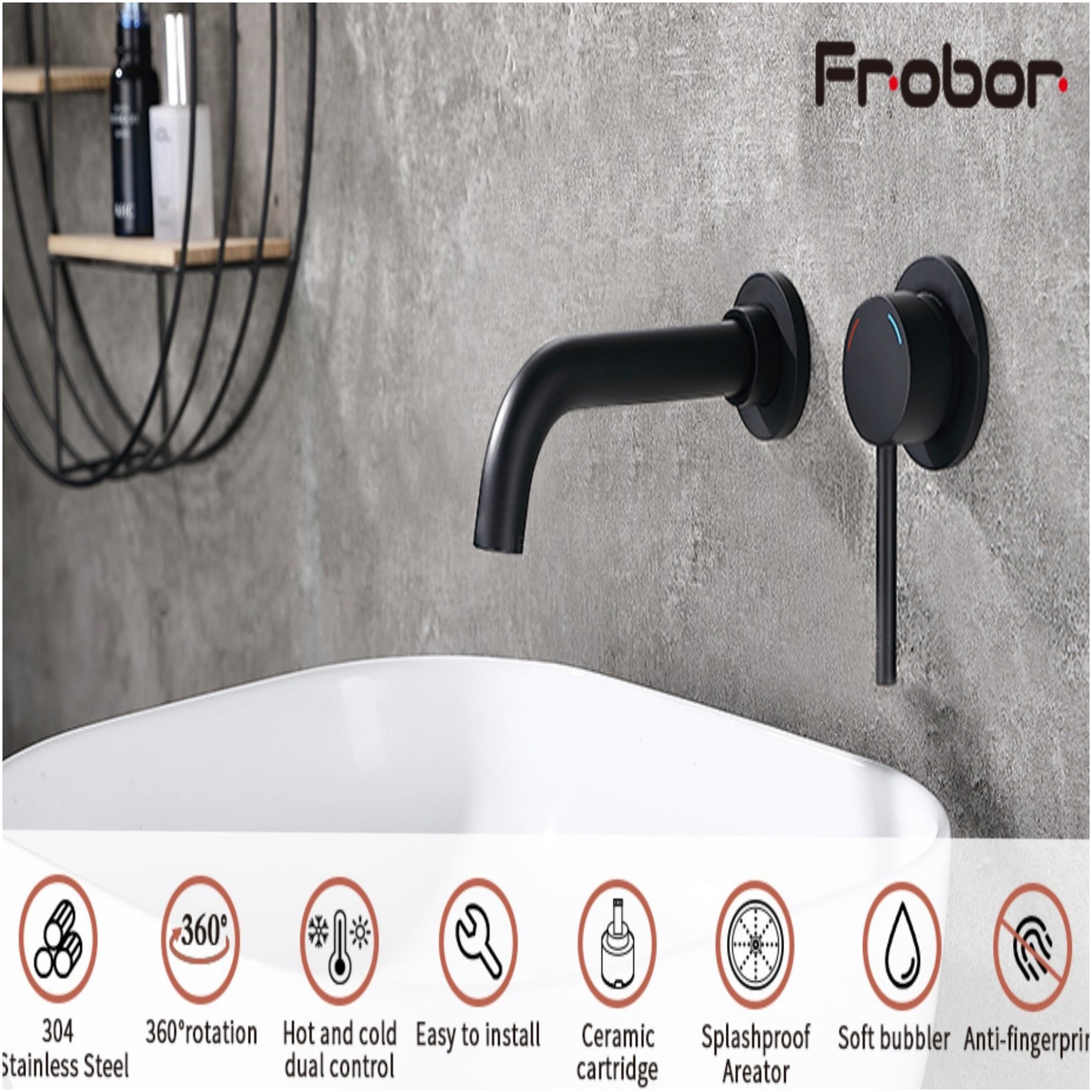 JERFIT Matte Black Wall Mount Bathroom Sink Faucet, Single Handle 2-Hole Brass Valve, Swivel Spout for Vanity or Tub