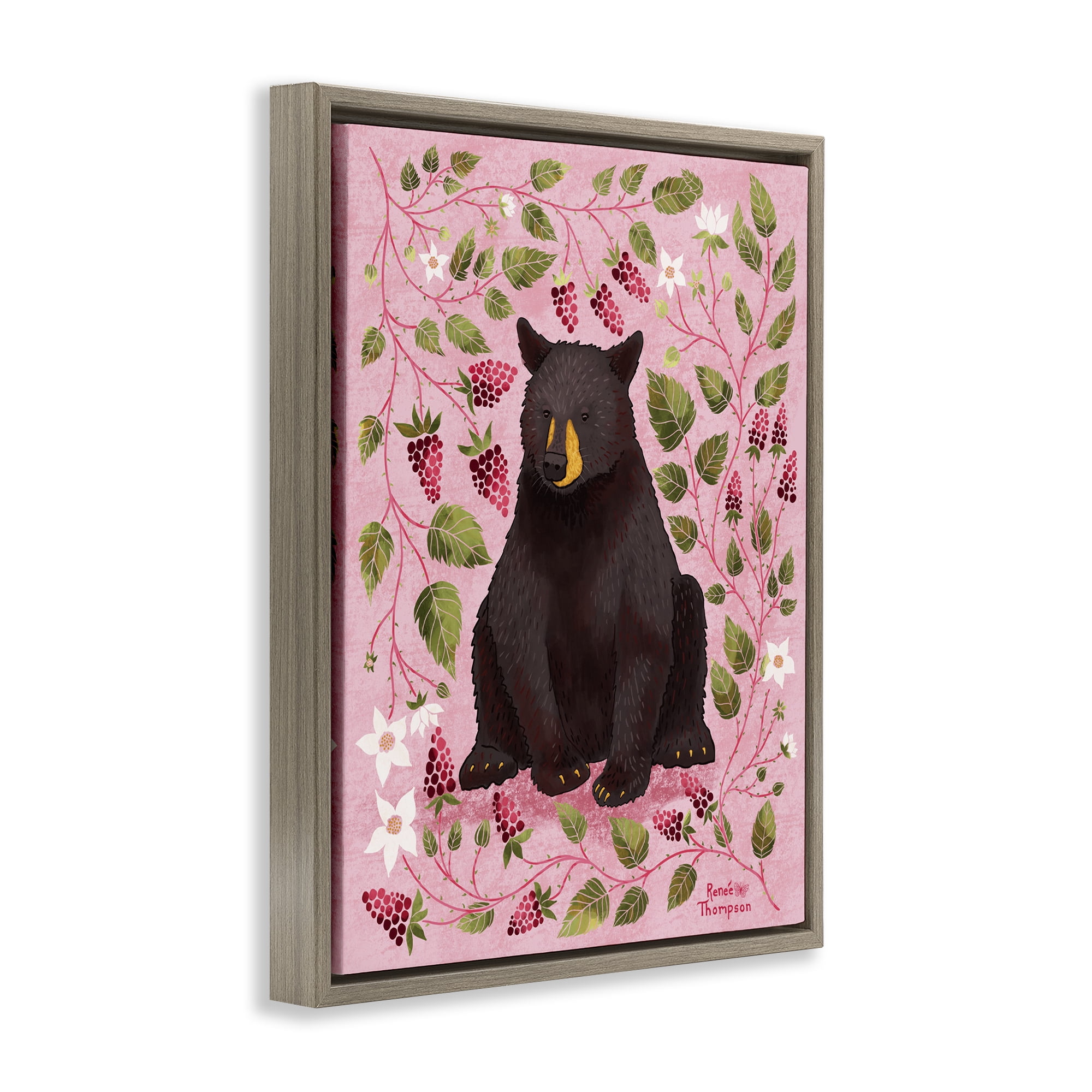 Stupell Industries Bear & Blackberry Plants Animals Painting Brown Floater Framed Canvas Art Print Wall Art, 17 x 21