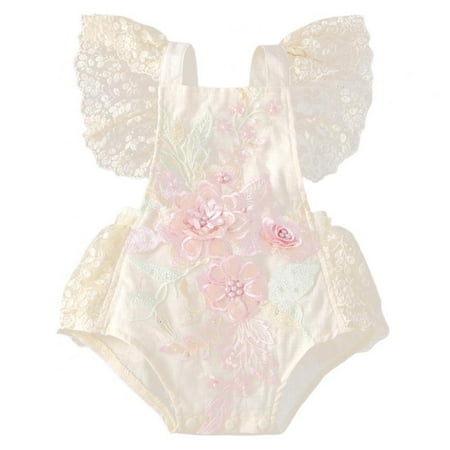 

Newborn Baby Girls Summer Romper Fly Sleeve Bodysuit Lace Mesh Embroidered Pearl Jumpsuit Outfit 0-24 Months
