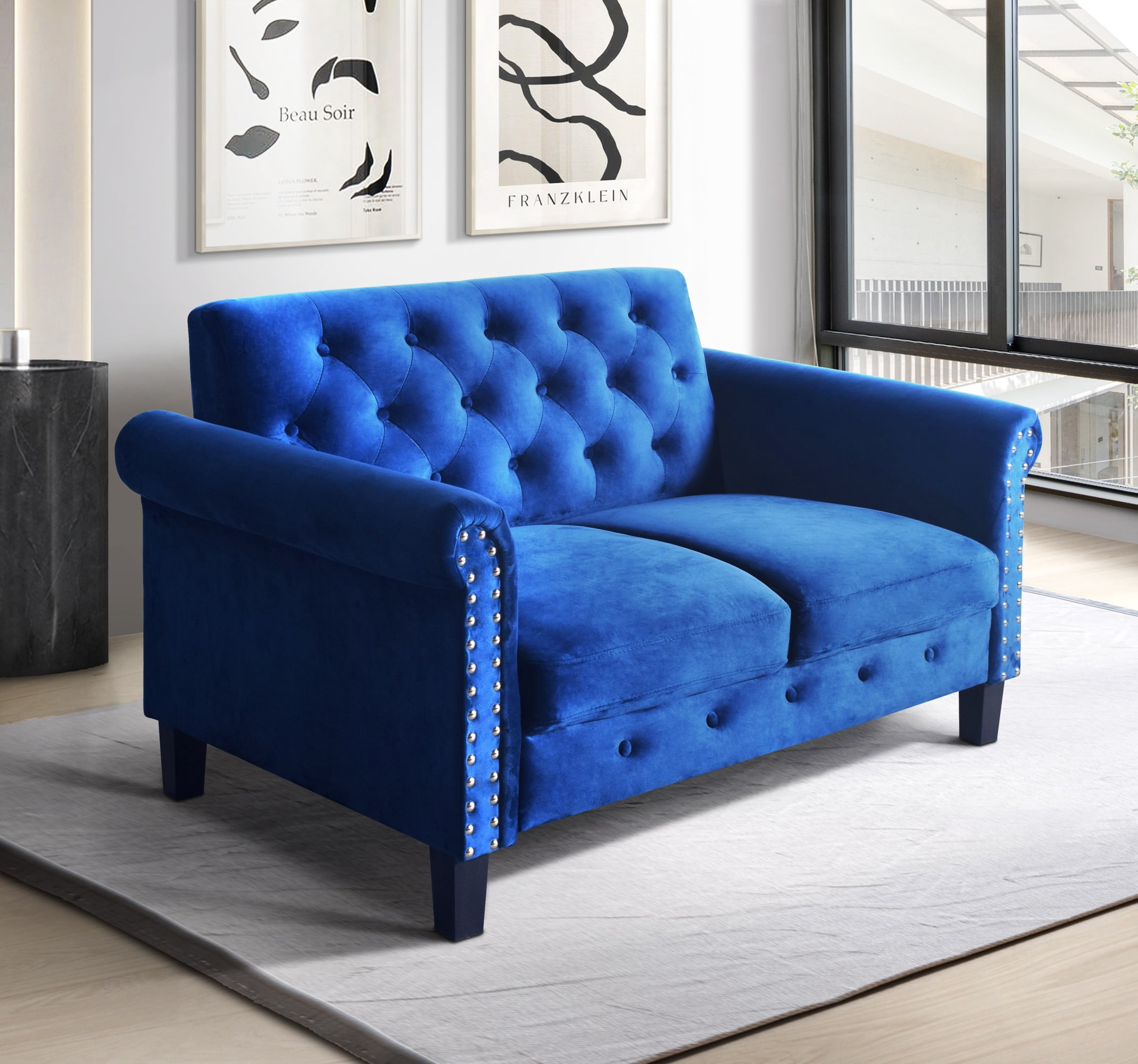 Home Design Casper 2-Piece Velvet Living Room Set with Loveseat and Sofa, Rolled Arms, Nailhead Trim, Navy Blue, Adult
