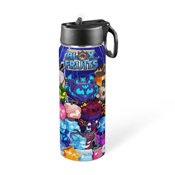 FSMYJJZY Thermos Water Bottle Blox Fruits With Straw and Handle Insulated Stainless Steel Sports Kettle for Boys Girls Cup For Outdoor 18oz