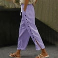 thumbnail image 2 of Linen Cropped Pants for Women Side-Buttoned Closure Joggers Side Slit Pants Capris Pants Muslin Pants Soft Comfy Long Lounge Pants Straight Leg Office Dress Work Slacks High Waisted Drawstring, 2 of 6