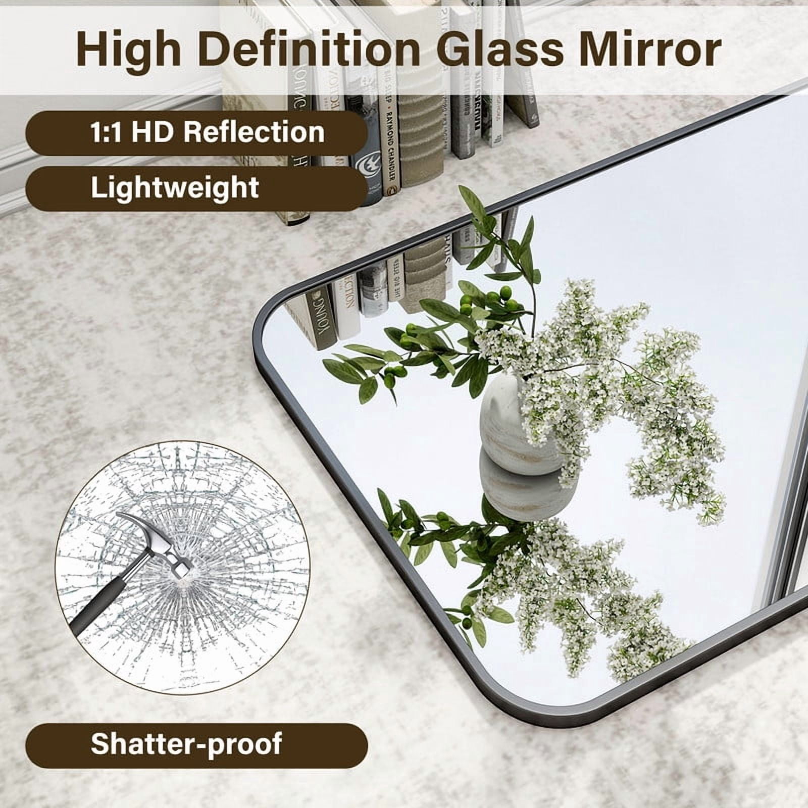 Easy4Home 28"x20" Rectangular Bathroom Mirror Hanging Rounded Corners Vanity Mirror Wall Mounted, Black