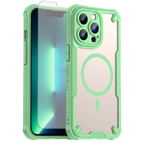 Asuwish Phone Case for iPhone 13 Pro 6.1 inch Compatible with Magsafe Magnetic Tempered Glass Screen Protector Translucent Matte Back Shockproof Protective Cell Cover iPhone13Pro 5G Women Men Green