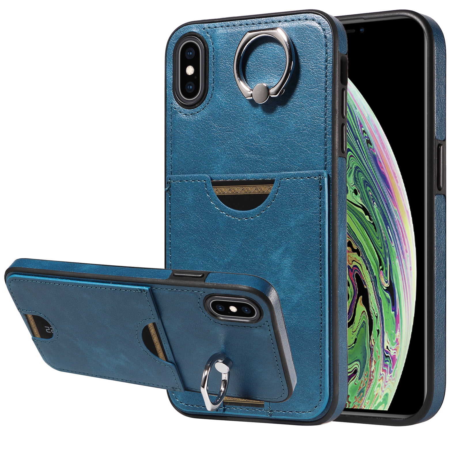 Classic Wallet Case Compatible with iPhone XS Max for Men Women, with 360° Rotation Finger Ring Kickstand PU Leather Shockproof Phone Cover with Card Slot for iPhone XS Max, Blue