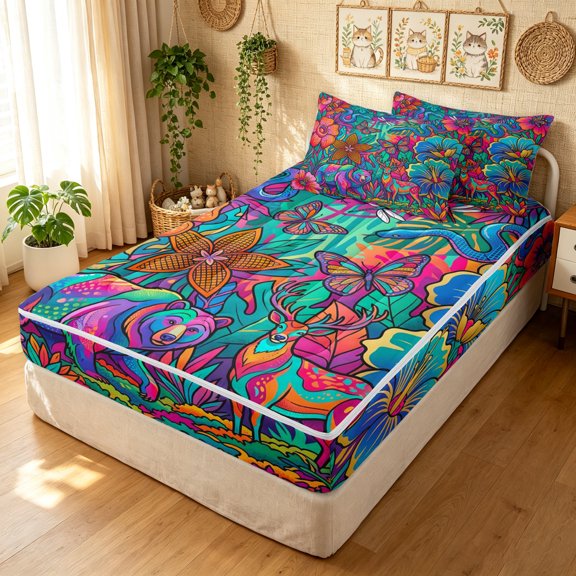 Manfei Hippie Bear Deer Zipper Twin Comforter Sets with Fitted Sheet and 2 Pillowcases, Tribal Flower Floral Zipper Bedding Set, Red Navy, Black Reversible, 4pcs