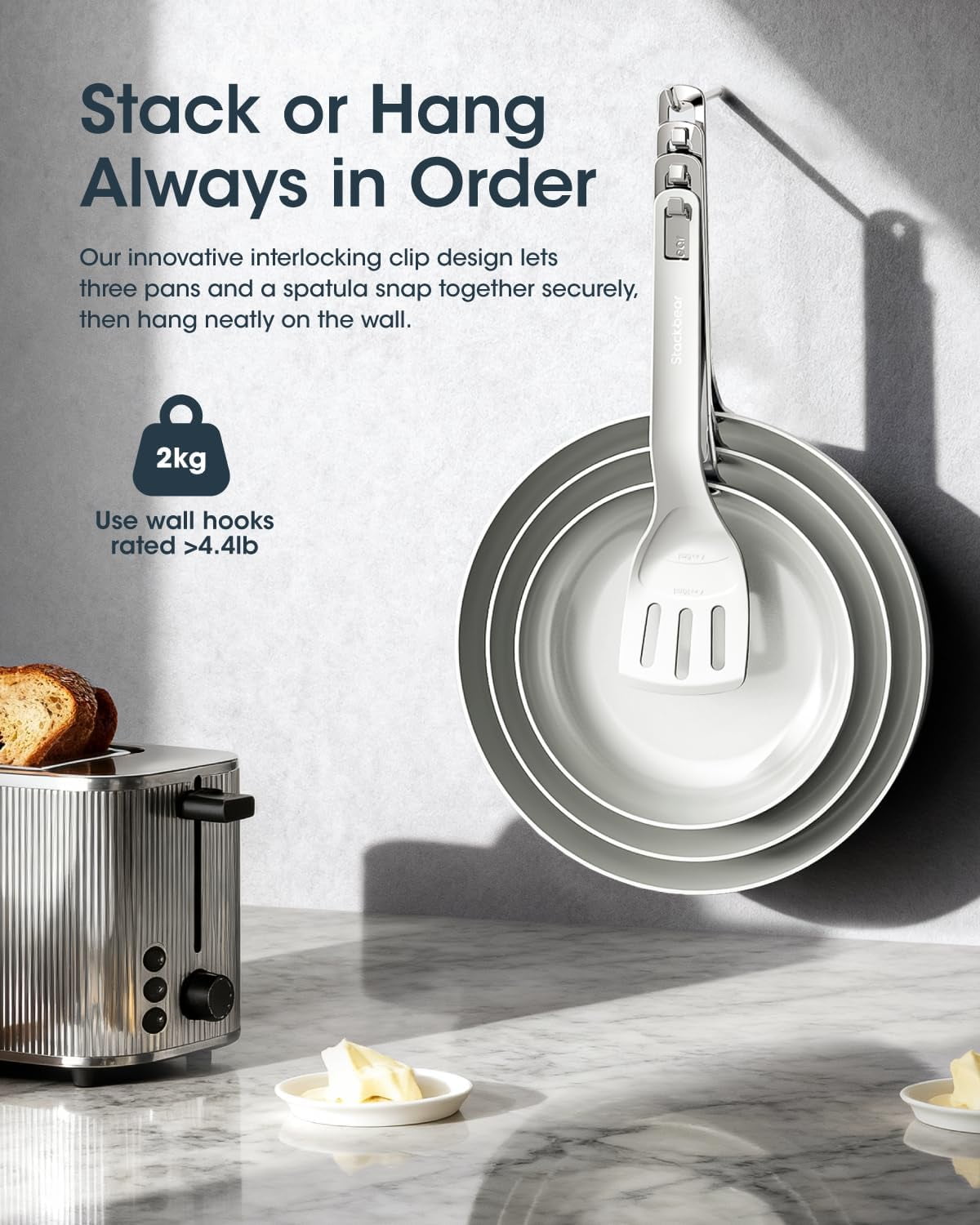 Ceramic Frying Pan Set with Floating Stackable Design - Non Stick Cookware 3pc (8/9.5/11") with Spatula, PFAS- All Cooktop Oven Safe