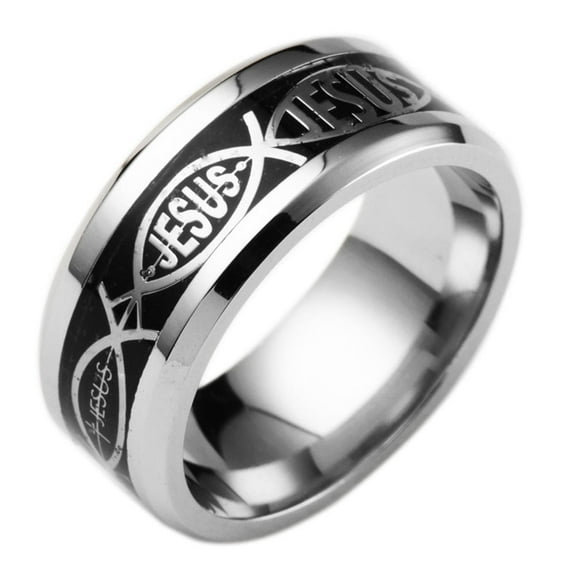 Jesus Fish Black Wedding Band for Men or Women 8mm Stainless Steel Ring by Ginger Lyne Collection