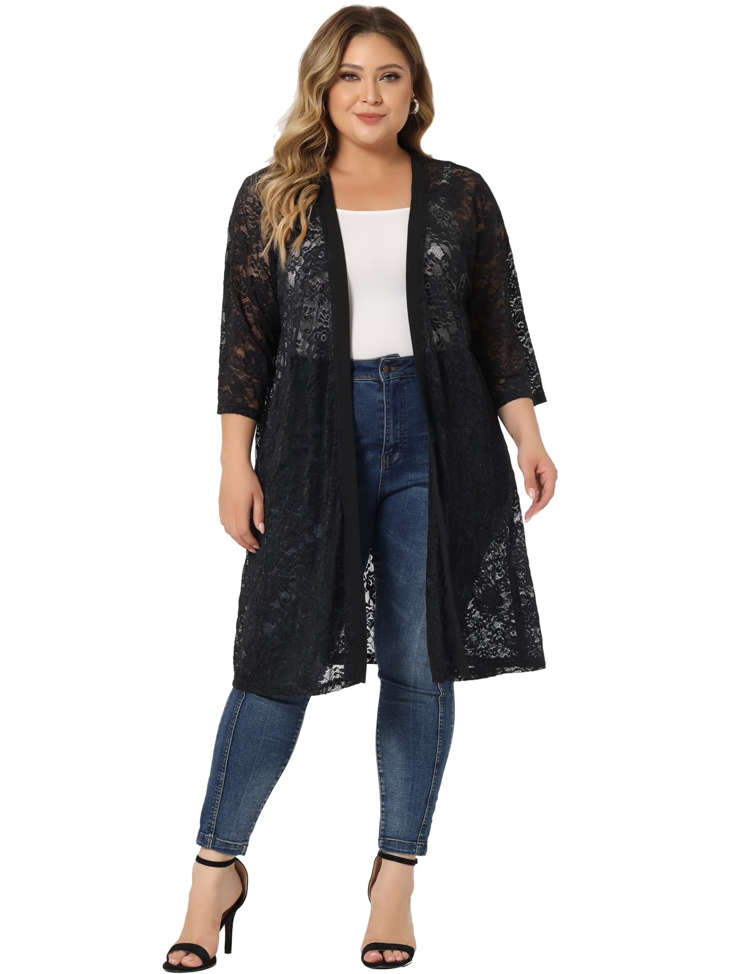 DARING DIVA Women's Plus Size Lace Crochet 3/4 Sleeve Cover Up Jacket 6X Dark Black