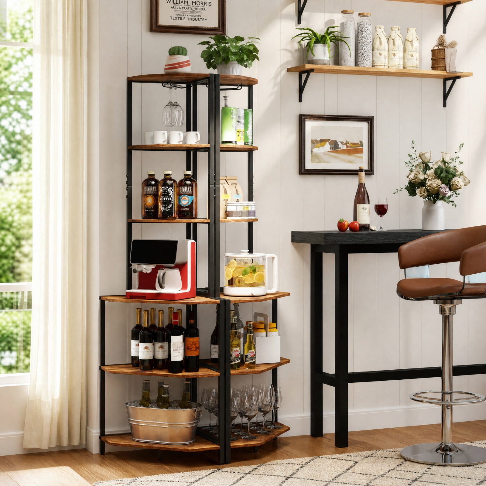 Furnibear 65 Inch 6-Tier Corner Shelf with Charging Station and Ambience Light for Living Room Home Office Bedroom Display Storage Shelf, Rustic Brown