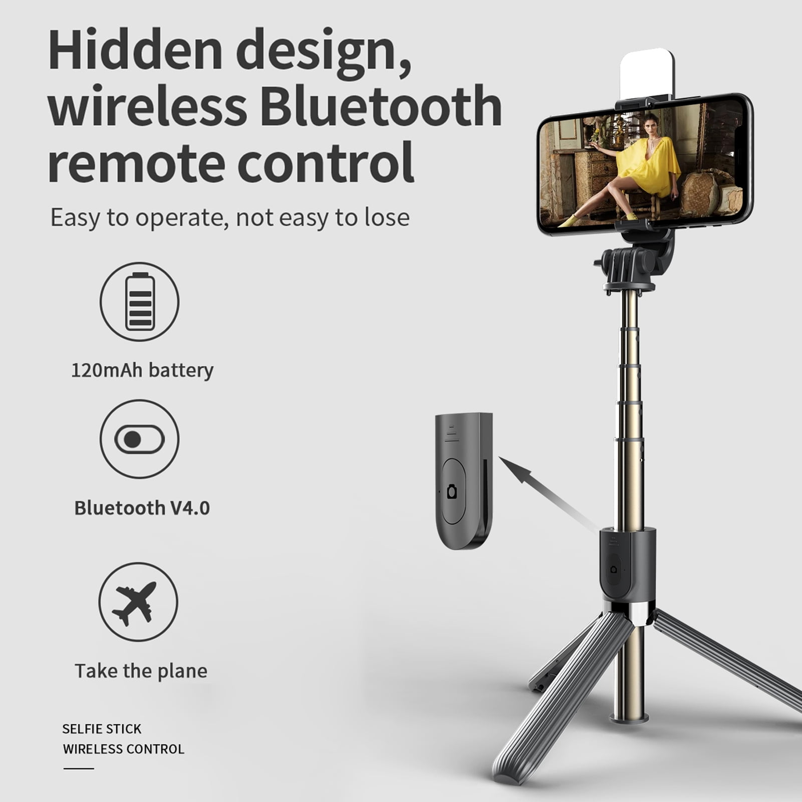 Qiilu Bluetooth Remote Fill Light Extendable Selfie Stick Tripod ...