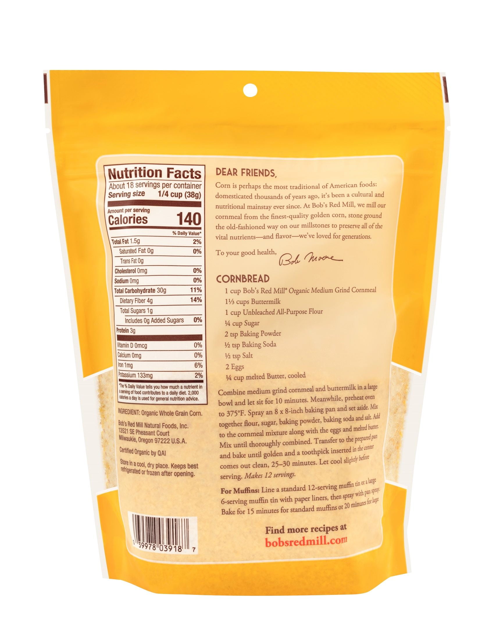 Bob's Red Mill Organic Medium Grind Cornmeal 24 oz Pkg