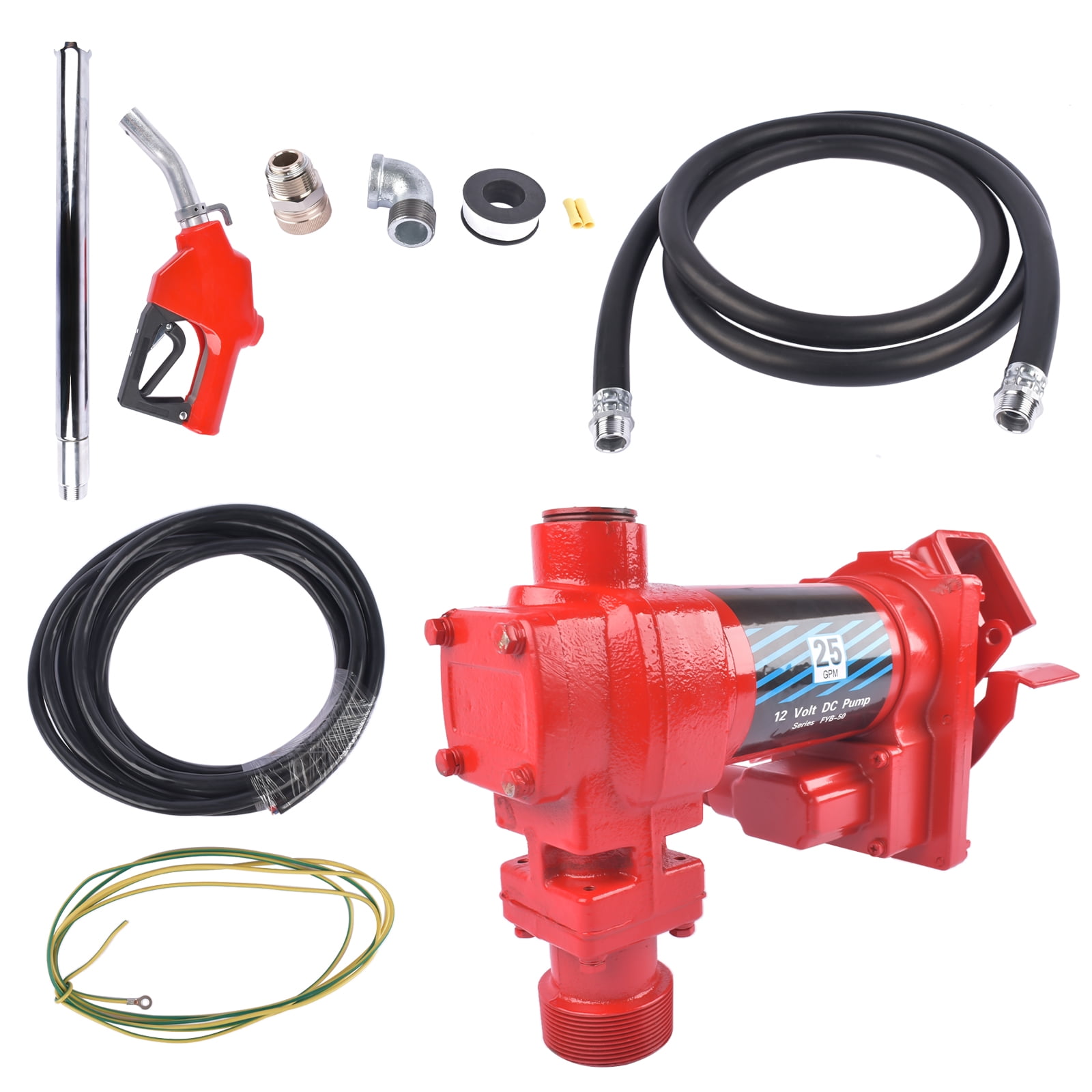 Mustrod High Flow 12V 25 GPM Fuel Transfer Pump Cast Iron w/Automatic Nozzle & Hose for Gasoline Diesel