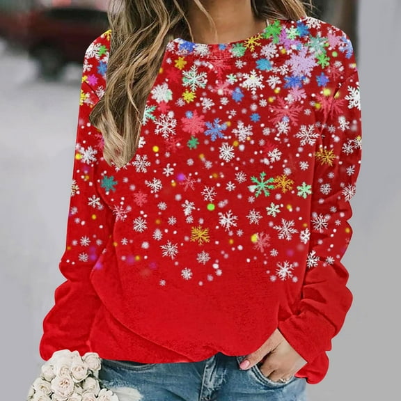 Jsaierl Christmas Fleece Sweatshirts for Women Plus Size Christmas Graphic Sweatshirt Loose Fit Pullover Sweater Tops Crewneck Holiday Long Sleeve Shirts Christmas Gifts